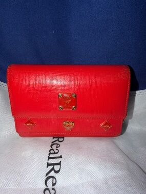 MCM Red Leather Logo Plaque Wallet